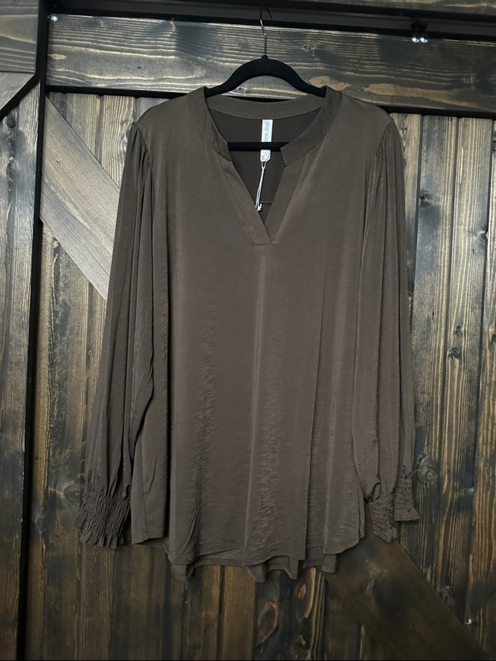 Relaxed V-Neck Brown Tunic with Smocked Cuffs